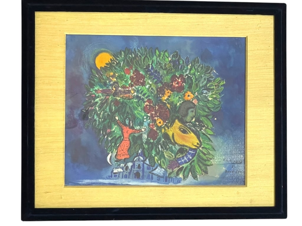 AFTER MARC CHAGALL WATERCOLOR PAINTING 31": ****for competitive shipping options please go to www.dejavuauctionshipping.com-PAINTING AFTER MARC CHAGALL, SIGNED DAVID STEIN-This is a watercolor or gouache painting executed as a "tribute" or