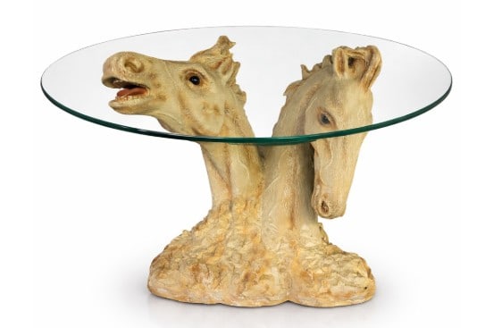 ARTIST SIGNED 2 WILD HORSE HEADS TABLE BASE 24": *For ALTERNATIVE SHIPPING QUOTES or local PICKUP details, please visit www.dejavuauctionshipping.com* LARGE DOUBLE HORSE HEAD SCULPTURAL TABLE BASE, FAUX WOOD FINISH (COMPOSITE MATERIAL) *NO GLASS SIG