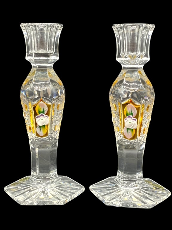 BOHEMIA CUT CRYSTAL GOLD ENAMEL CANDLESTICKS 7" (1 of 8)