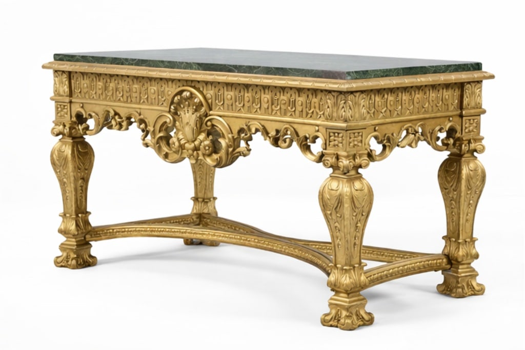 LOUIS XVI STYLE GILTWOOD MARBLE TOP CONSOLE TABLE: *For ALTERNATIVE SHIPPING QUOTES or local PICKUP details, please visit www.dejavuauctionshipping.com* Measurements: 60" x 25" x 34" in size Excellent preowned condition! LOUIS XVI STYLE GILTWOOD MARBL