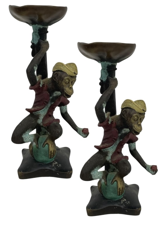 PAIR OF BRONZE MONKEY CANDLE HOLDERS 11" (1 of 8)