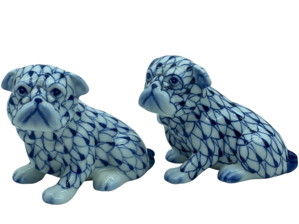 ANDREA BY SADEK BLUE & WHITE PORCELAIN BULLDOGS 3": *for alternative shipping options please go to www.dejavuauctionshipping.com -ANDREA BY SADEK BLUE & WHITE PORCELAIN BULLDOG FIGURINES – PAIR 3" H -Charming pair of Andrea by Sadek porcelain bulldog