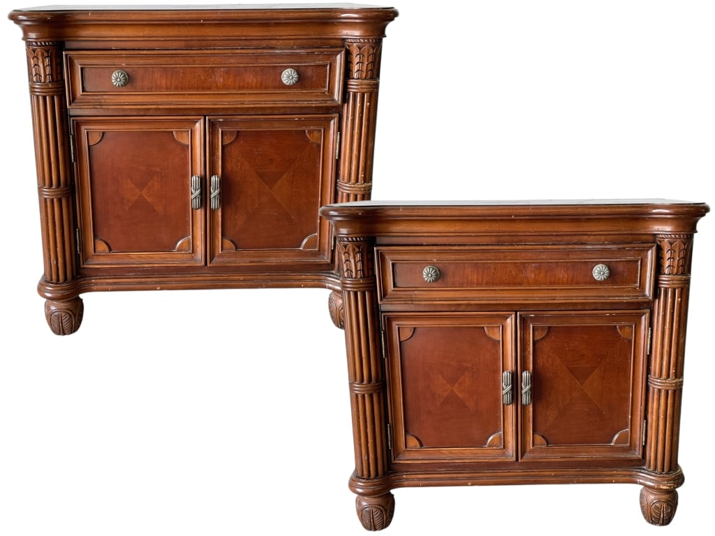 PAIR OF BROYHILL CARVED WOOD NIGHTSTANDS 33": .