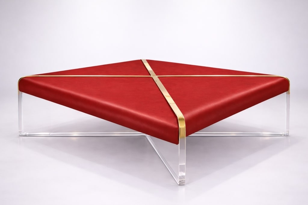 MASSIVE MID MOD RED LEATHER LUCITE X & GOLD TABLE (1 of 10)