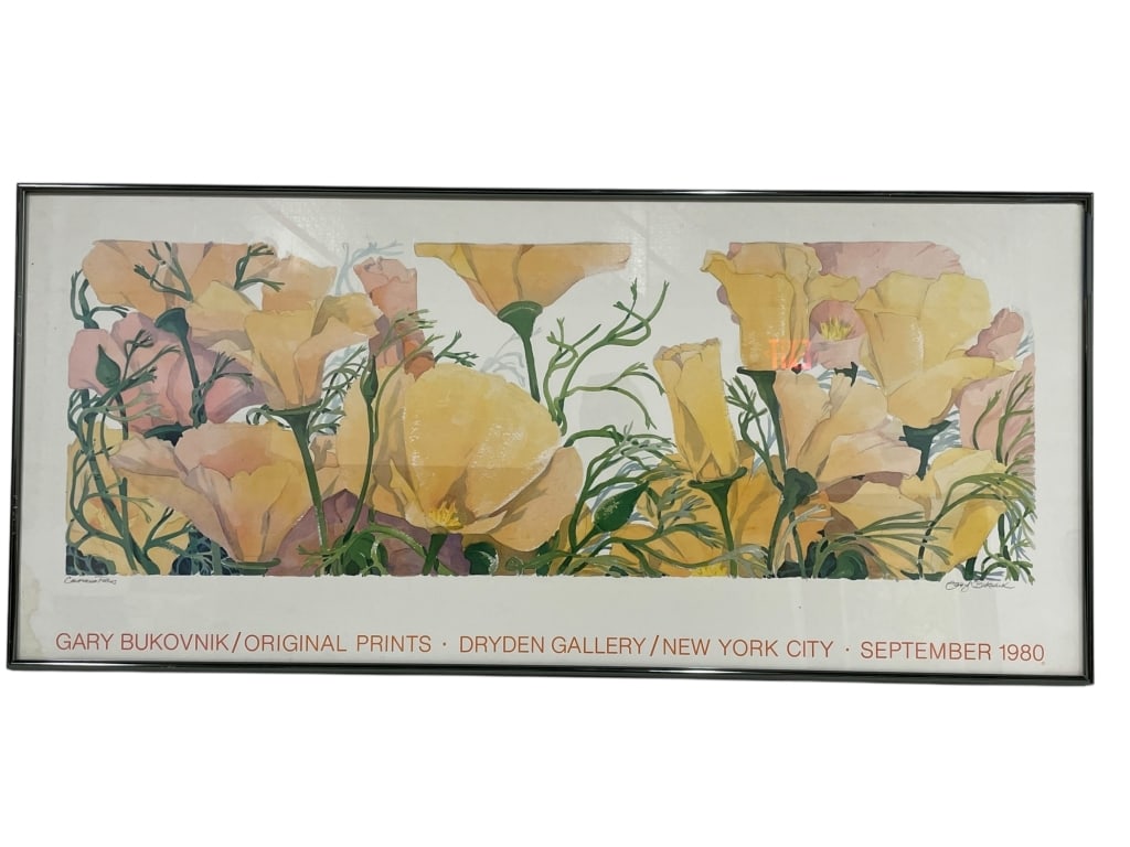 G. BUKOVNIK POPPY FLOWERS DRYDEN GALLERY PRINT 40": *for alternative shipping options please go to www.dejavuauctionshipping.com -GARY BUKOVNIK POPPY FLOWERS DRYDEN GALLERY NEW YORK CITY 1980 FRAMED ART PRINT 18" X 40" -Framed exhibition art print feat