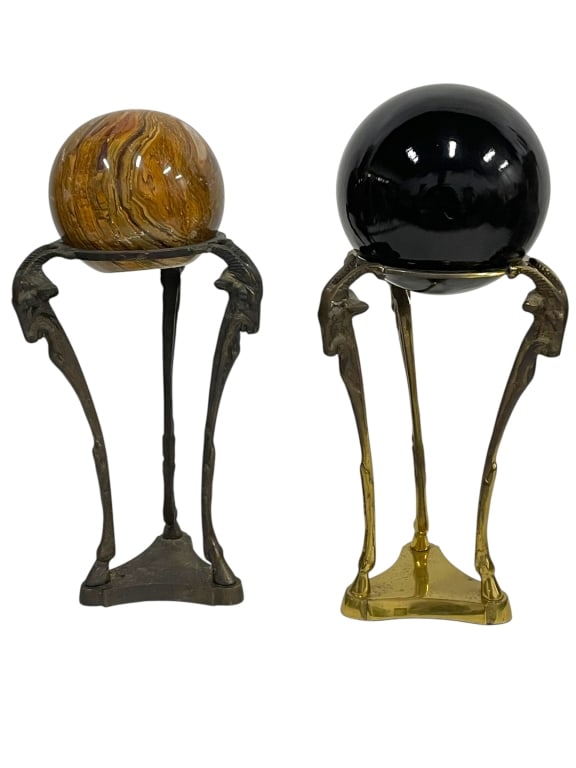 ART NOUVEAU BRASS GAZELLE SCULPTURE STANDS 12": *for alternative shipping options please go to www.dejavuauctionshipping.com -ART NOUVEAU STYLE BRASS GAZELLE SCULPTURE STANDS WITH STONE SPHERES -Decorative pair of Art Nouveau style brass gazelle sc