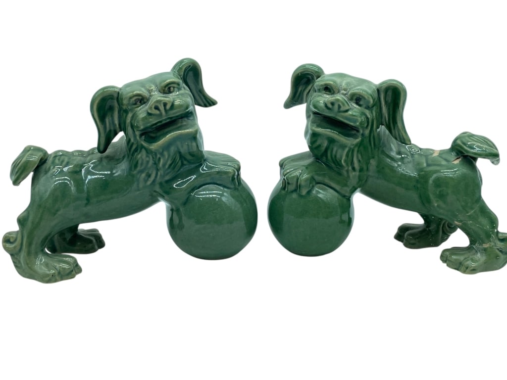PAIR OF GREEN GLAZED CHINESE STYLE FOO DOGS 7": *for alternative shipping options please go to www.dejavuauctionshipping.com-PAIR OF GREEN GLAZED CHINESE STYLE FOO DOG FIGURAL STATUES WITH BALLS-Decorative pair of Chinese style foo dog guardian