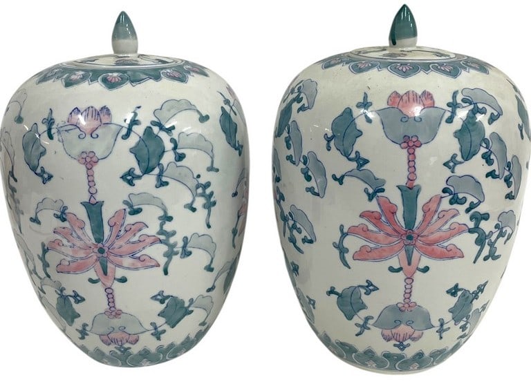 CHINESE STYLE LIDDED PORCELAIN GINGER JARS 11": *for alternative shipping options please go to www.dejavuauctionshipping.com-PAIR OF CHINESE STYLE LIDDED PORCELAIN GINGER JARS WITH FLORAL DECOR-Elegant pair of Chinese style porcelain ginger jars