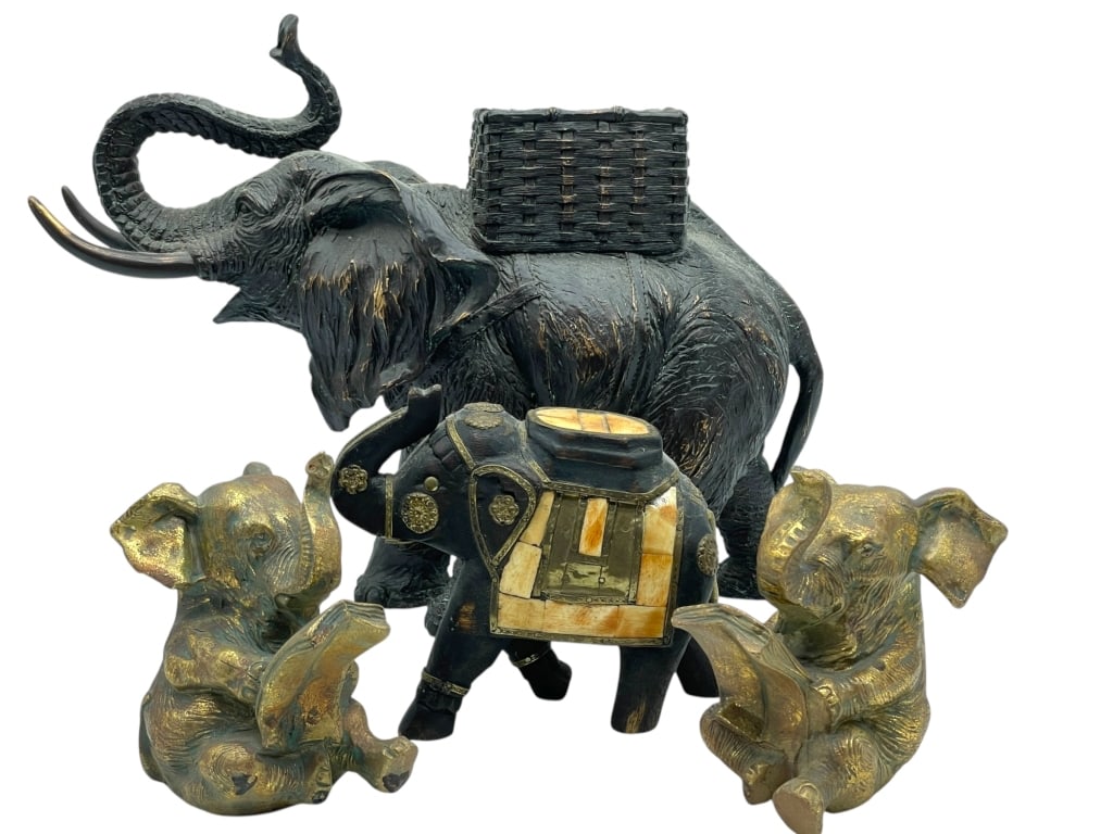 DECORATIVE ELEPHANTS LOT INCL. BOOKENDS 11": *for alternative shipping options please go to www.dejavuauctionshipping.com-DECORATIVE ELEPHANTS LOT INCL. BOOKENDS 11" H TO TALLEST SEE PHOTOS-Decorative elephant sculpture grouping featuring a