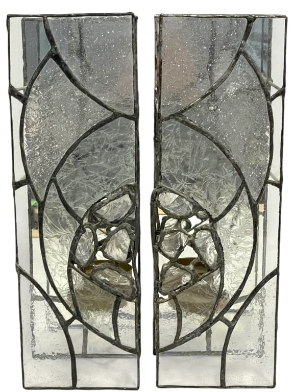 STAINED GLASS GLASS WALL SCONCE CANDLE HOLDER 11": *for alternative shipping options please go to www.dejavuauctionshipping.com-STAINED GLASS LEADED GLASS WALL SCONCE CANDLE HOLDERS PAIR-Decorative pair of vintage stained glass wall sconce candle