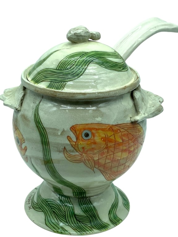 STENBERG CERAMIC FISH TUREEN W LADLE: *for alternative shipping options please go to www.dejavuauctionshipping.com -STENBERG HAND-PAINTED FISH MOTIF CERAMIC TUREEN WITH LADLE -Hand-painted ceramic tureen attributed to Stenberg, featuring