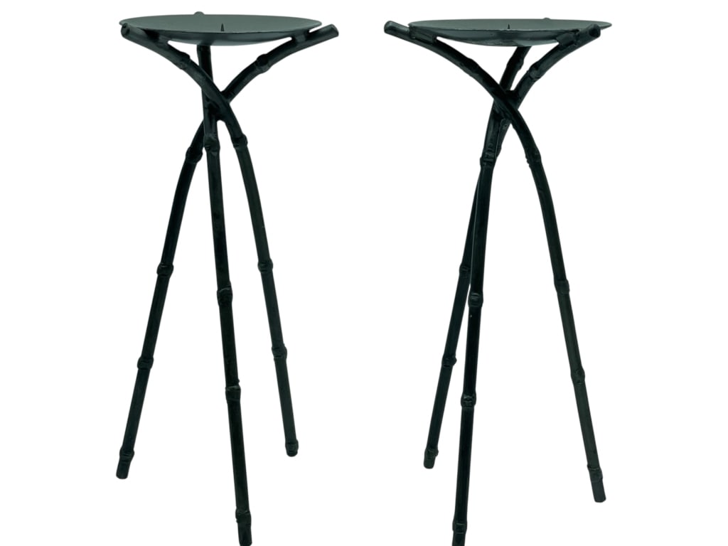 BLACK METAL BAMBOO STYLE CANDLE HOLDERS 24": *for alternative shipping options please go to www.dejavuauctionshipping.com -PAIR OF BLACK METAL BAMBOO STYLE CANDLE HOLDERS -Elegant pair of tall black metal candle holders designed in a stylized ba