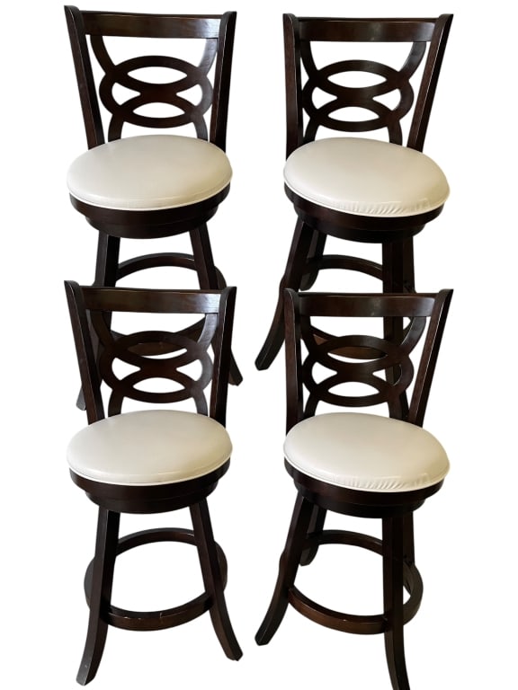 4 COUNTER HEIGHT SWIVEL STOOLS: -4 COUNTER HEIGHT SWIVEL STOOLS IN ESPRESSO AND WHITE 37" X 11" D WITH 23"/ 24" SEAT HEIGHT -Set of four counter-height swivel stools crafted in a classic espresso wood finish with contrasting white c