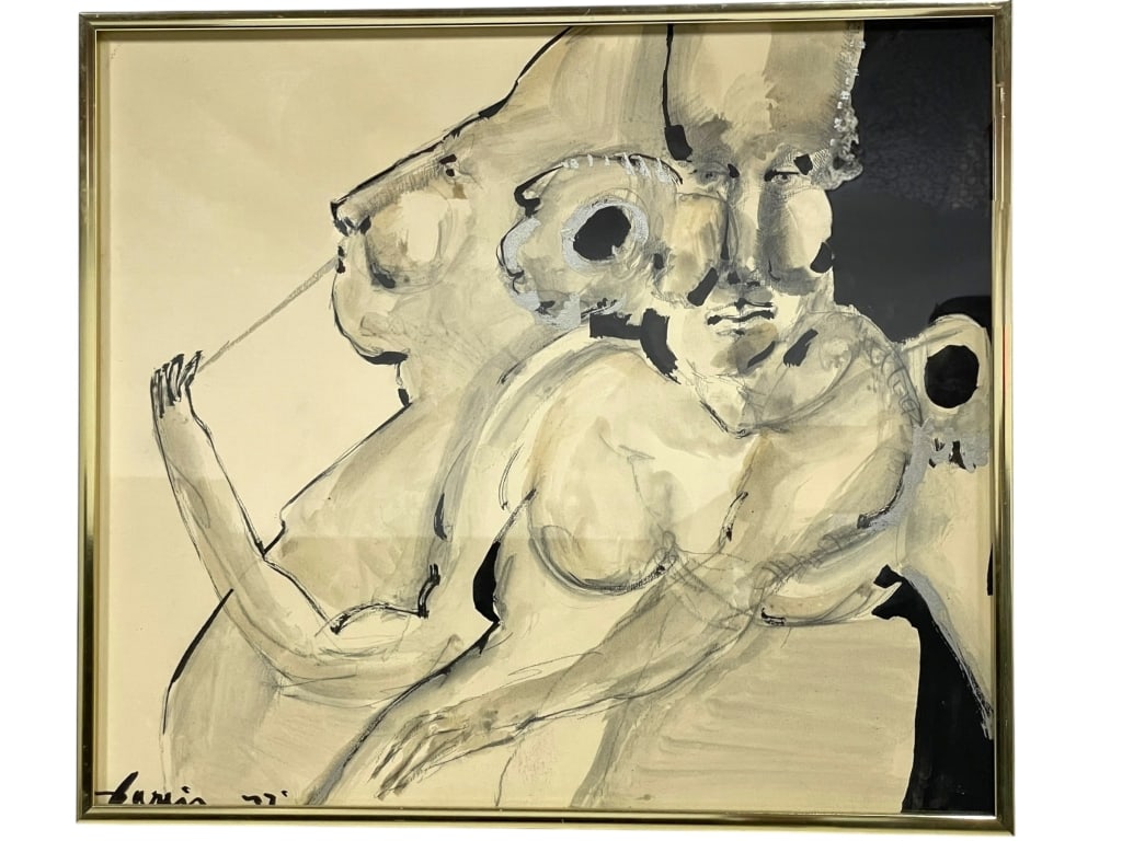 1977 FIGURAL INK DRAWING SIGNED BARIN 16": *for alternative shipping options please go to www.dejavuauctionshipping.com -FIGURAL INK DRAWING SIGNED BARIN 77' FRAMED MODERN ART 14" X 16" APPROXExpressive framed ink on paper drawing attributed t