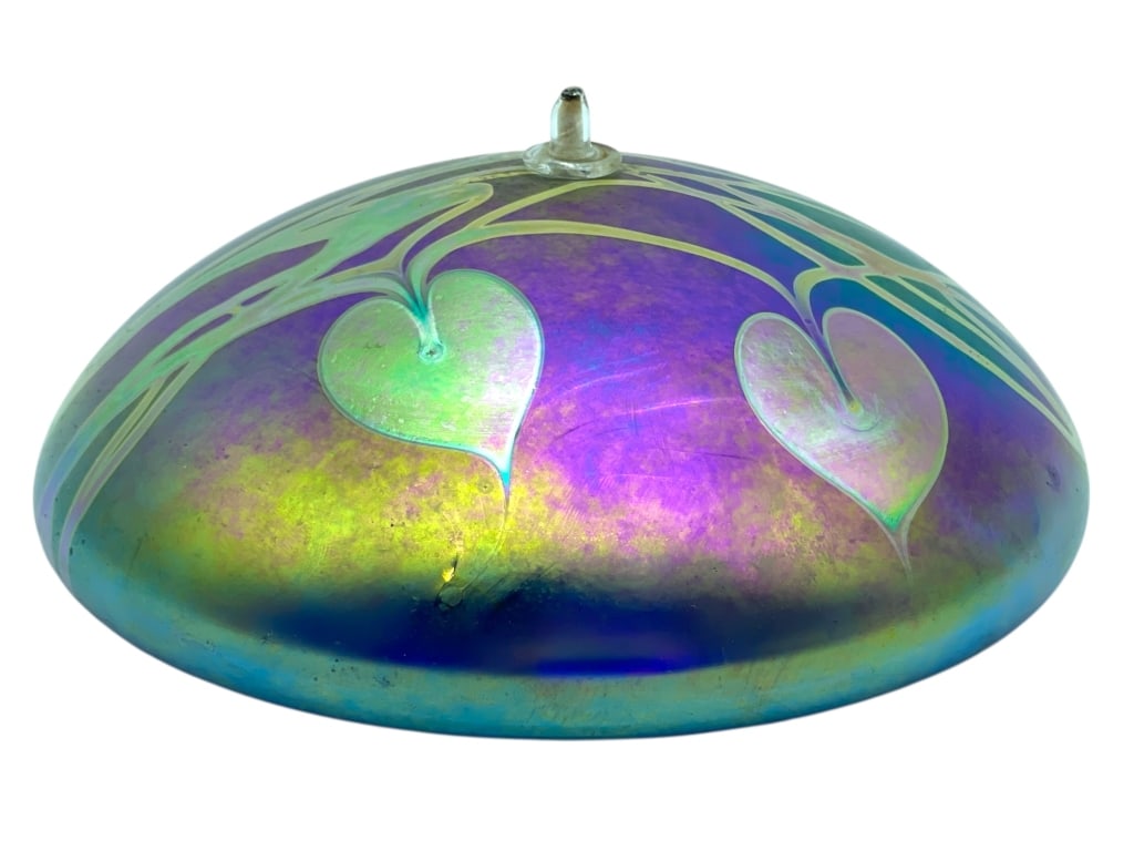 IRIDESCENT ART GLASS OIL LIGHT BY GLASSHOUSE 5": *for alternative shipping options please go to www.dejavuauctionshipping.com-IRIDESCENT ART GLASS OIL LIGHT BY GLASSHOUSE-Decorative iridescent blown art glass oil light featuring a low dome form