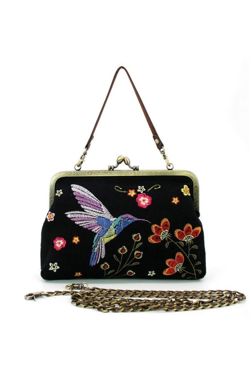 NEW! HUMMINGBIRD KISSLOCK BAG BLACK CROSSBODY: Hummingbird Kisslock Bag, a charming accessory that blends elegant design with the grace and vibrancy of hummingbirds. This bag is perfect for those who appreciate intricate detailing and