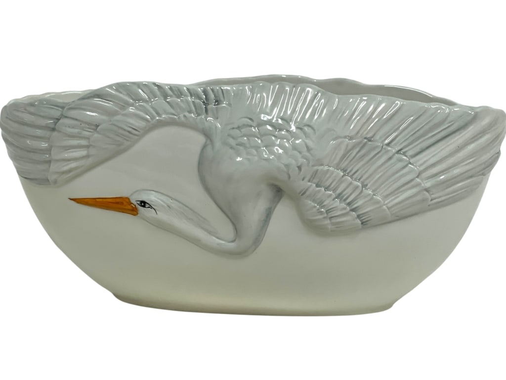 PORCELAIN HERON FIGURAL CENTERPIECE BOWL 13" ITALY: *for alternative shipping options please go to www.dejavuauctionshipping.com-ITALIAN PORCELAIN HERON FIGURAL CENTERPIECE BOWL-Elegant Italian porcelain centerpiece bowl featuring a sculptural heron
