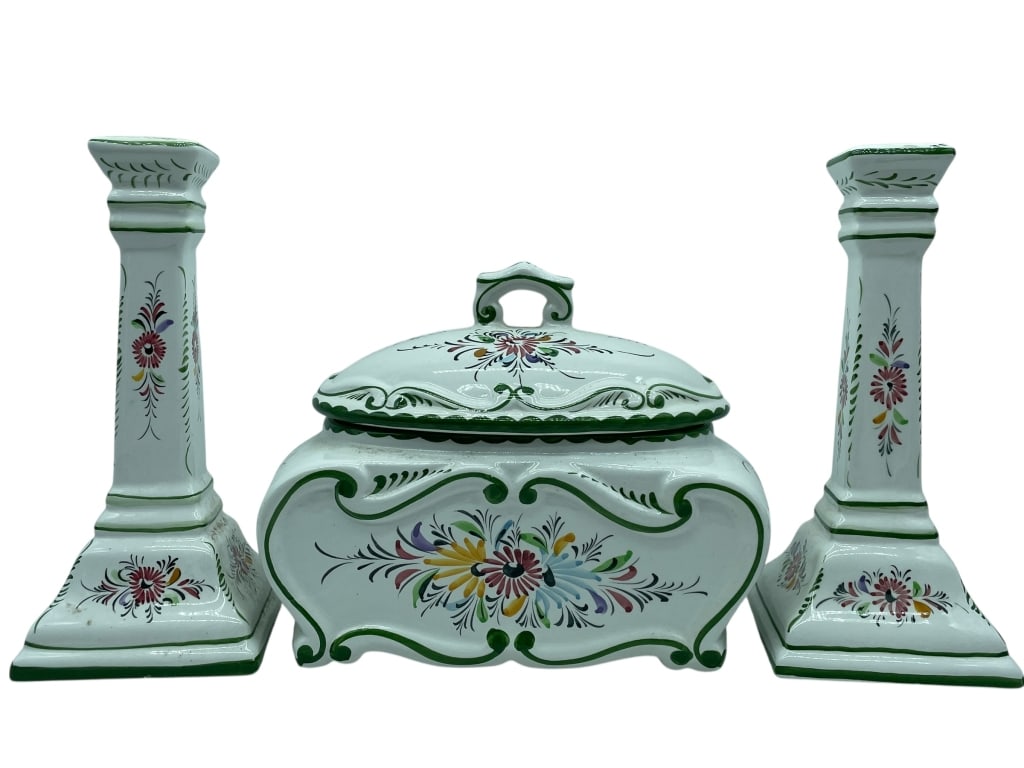 PORTUGUESE CERAMIC BISCUIT JAR & CANDLESTICK SET: *for alternative shipping options please go to www.dejavuauctionshipping.com-HAND-PAINTED PORTUGUESE CERAMIC BISCUIT JAR WITH MATCHING CANDLESTICKS – 3 PIECE SET-Decorative three-piece hand-painted