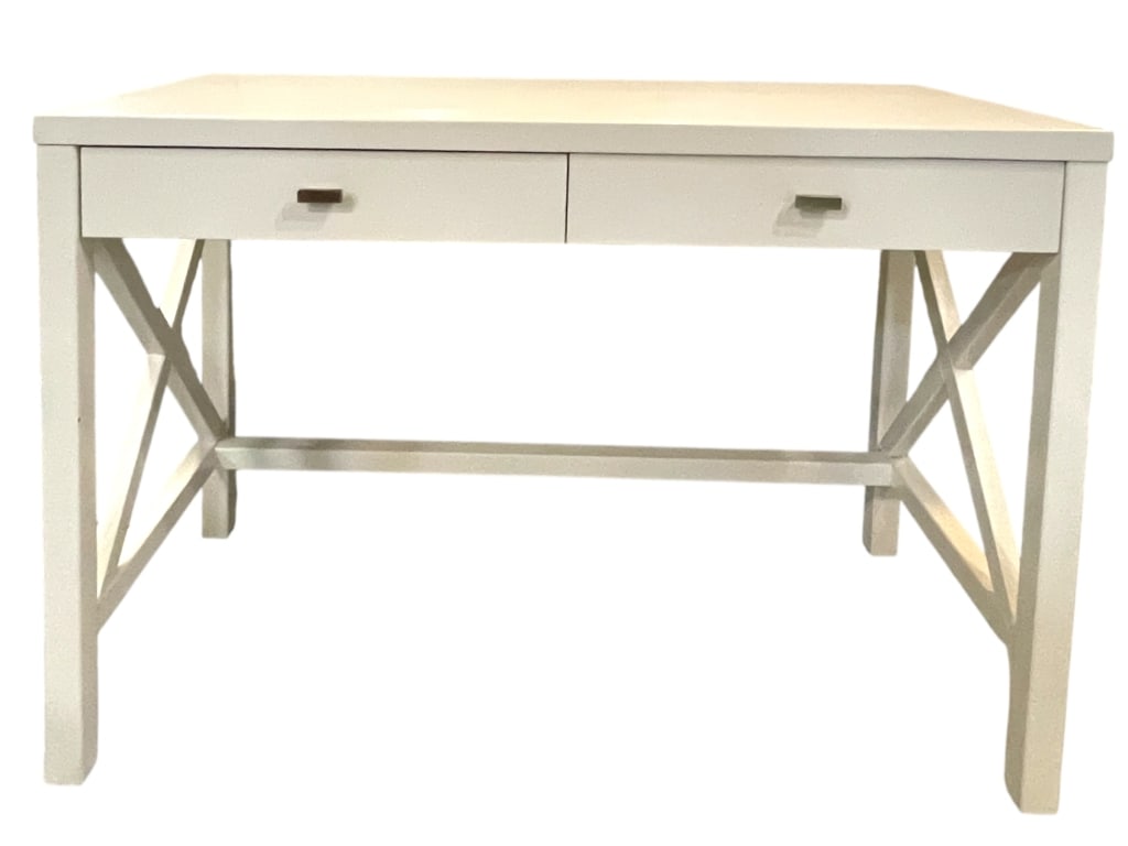 WHITE TWO-DRAWER CONSOLE DESK WITH X-BRACE SIDES (1 of 5)
