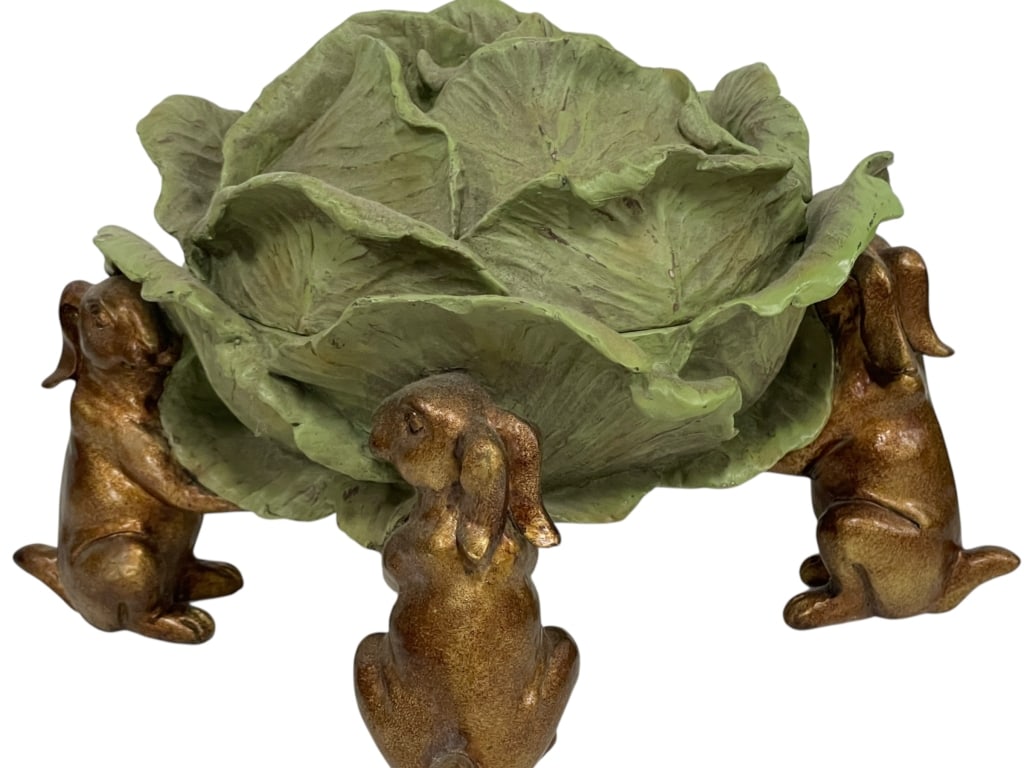 BUNNIES W CABBAGE LEAF LIDDED BOWL CENTERPIECE 9": *for alternative shipping options please go to www.dejavuauctionshipping.com -BUNNIES HOLDING CABBAGE LEAF LIDDED BOWL CENTERPIECE CANDY DISH -Charming decorative centerpiece featuring three bronze-to