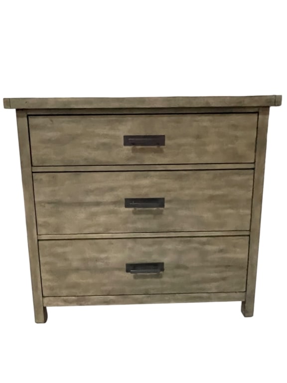 THREE DRAWER MODERN WOOD NIGHTSTAND: *for alternative shipping options please go to www.dejavuauctionshipping.com -THREE DRAWER MODERN WOOD NIGHTSTAND OR CHEST 30" X 32" X 18" APPROX -Contemporary three-drawer wood nightstand featuring a