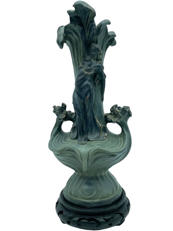 ART NOUVEAU STYLE FEMALE FIGURAL SCULPTURE 13": *for alternative shipping options please go to www.dejavuauctionshipping.com -ART NOUVEAU STYLE FEMALE FIGURAL SCULPTURE WITH FOLIATE FORM -Decorative Art Nouveau style female figural sculpture depict