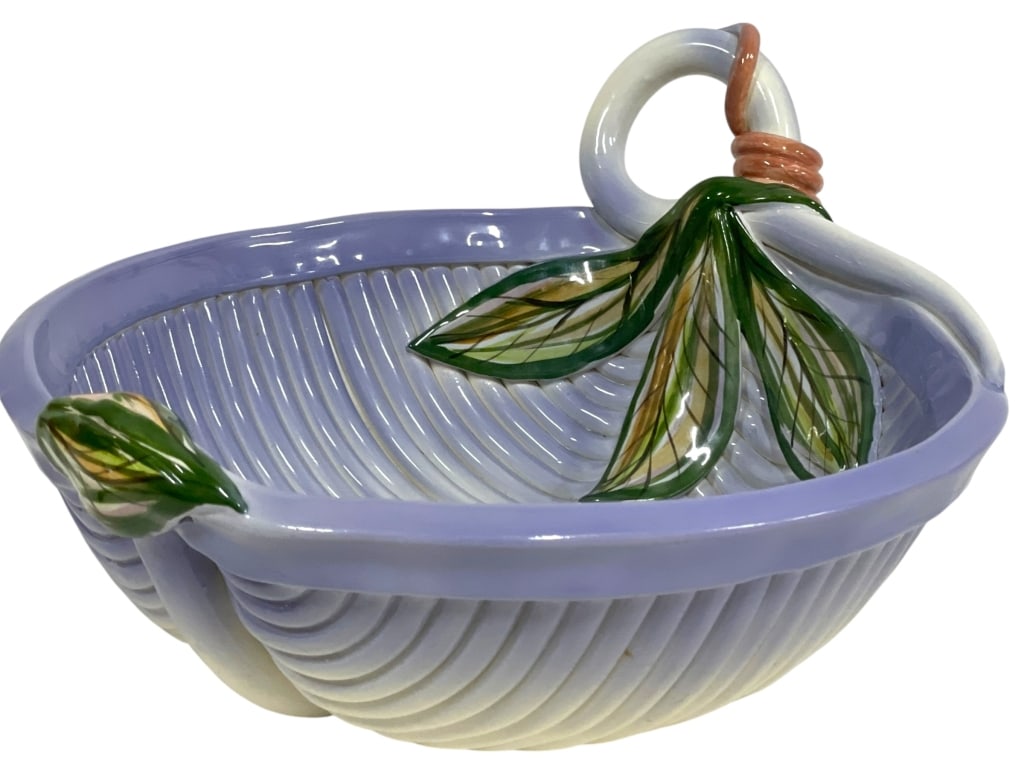 RINA PELEG SIGNED POTTERY BASKET BOWL 13": *for alternative shipping options please go to www.dejavuauctionshipping.com -RINA PELEG SIGNED POTTERY BASKET BOWL WITH APPLIED LEAVES AND ROPE HANDLE -Large vintage studio pottery basket bowl by art