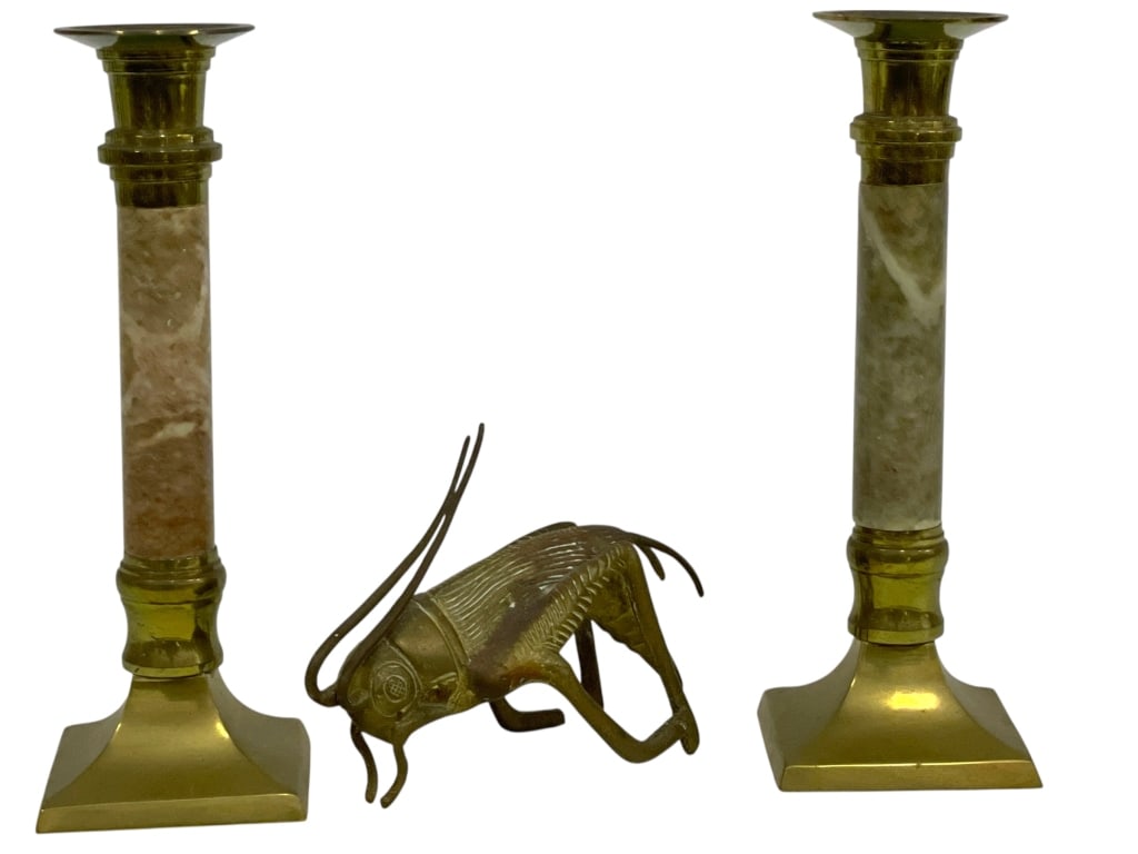 BRASS & MARBLE CANDLESTICKS W BRASS GRASSHOPPER 7": *for alternative shipping options please go to www.dejavuauctionshipping.com -BRASS AND MARBLE CANDLESTICKS WITH BRASS GRASSHOPPER SCULPTURE LOT -Decorative lot featuring a pair of vintage brass and m