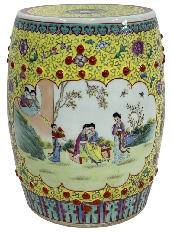 CHINESE FAMILLE STYLE PORCELAIN GARDEN STOOL 14" (1 of 10)