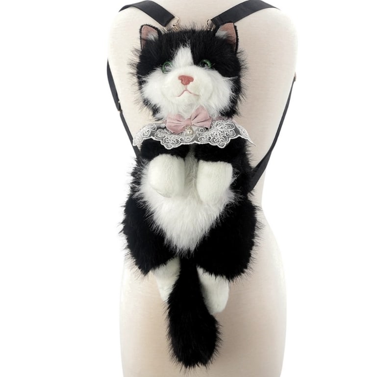 NEW! PLUSH CAT BACKPACK PRETTY KITTY BLACK & WHITE: Sweet, soft, and full of personality, this Cute Cat Plush Backpack is designed to charm at first glance. Available in white, white + grey, and black & white (see pictures for color sold in this listin