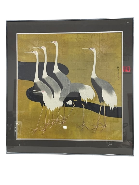JAPANESE STYLE CRANES DECORATIVE PRINT 34": *for alternative shipping options please go to www.dejavuauctionshipping.com -JAPANESE STYLE CRANES ON GOLD GROUND DECORATIVE WALL ART PRINT 34" X 32" -Elegant framed decorative wall art print featuri