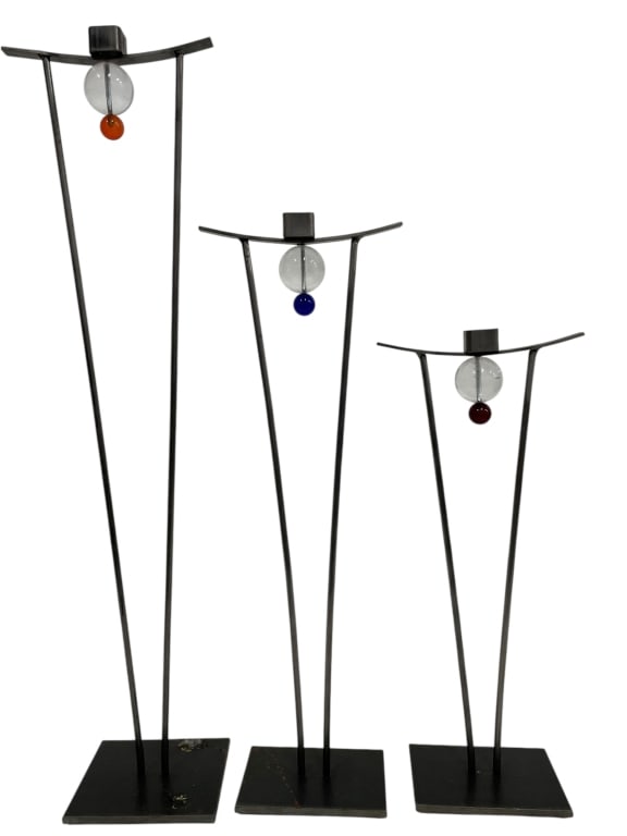 3 MID CENTURY MODERN METAL CANDLE HOLDERS 25": *for alternative shipping options please go to www.dejavuauctionshipping.com -MID CENTURY MODERN METAL CANDLE HOLDERS SET OF 3 WITH ART GLASS ACCENTS -Striking set of three mid century modern metal ca