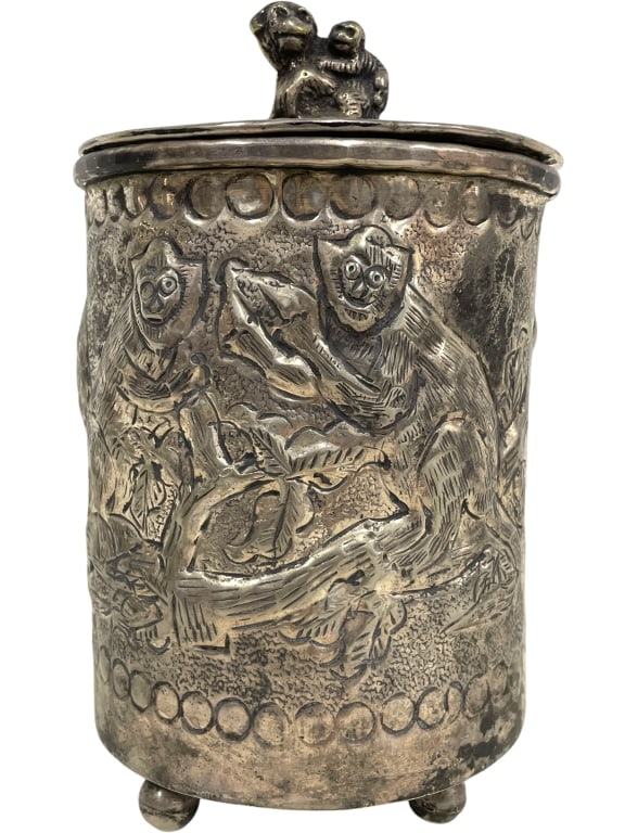 VINTAGE REPOUSSE MONKEY FIGURAL SILVER CANISTER 7" (1 of 8)