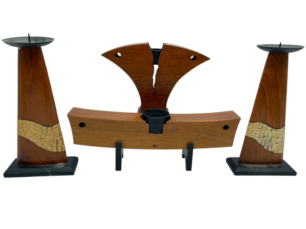 4 MID CENTURY MODERN WOOD CANDLE HOLDERS 11": *for alternative shipping options please go to www.dejavuauctionshipping.com -MID CENTURY MODERN WOOD AND MOSAIC CANDLE HOLDER SET -Striking mid century modern decorative candle holder set featuring t