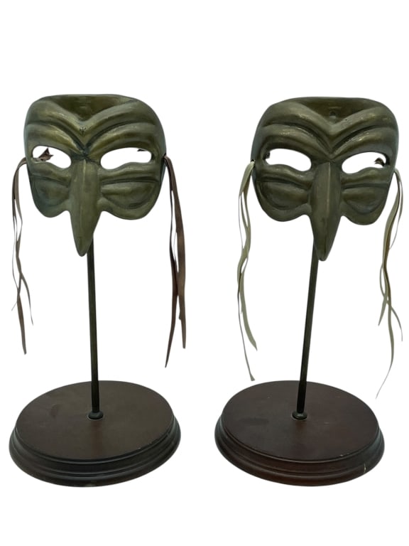 BRASS VENETIAN STYLE THEATER MASK SCULPTURES 11": *for alternative shipping options please go to www.dejavuauctionshipping.com -PAIR OF DECORATIVE BRASS VENETIAN STYLE THEATER MASK SCULPTURES ON STANDS -Decorative pair of Venetian-style theatrical ma
