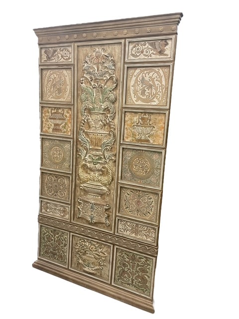 MASSIVE ARCHITECTURAL TILES GRECIAN ART SCULPTURE: *For ALTERNATIVE SHIPPING QUOTES or local PICKUP details, please visit www.dejavuauctionshipping.com* - MASSIVE hand carved tile on wood architectural designwork - The size is 45" wide by a clear 7 FE