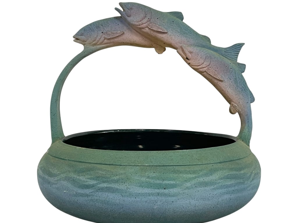 ART POTTERY FISH HANDLE CENTERPIECE BOWL 13": *for alternative shipping options please go to www.dejavuauctionshipping.com -OWL CREEK POTTERY ART POTTERY FISH HANDLE CENTERPIECE BOWL -Handcrafted studio art pottery centerpiece bowl by Owl Creek P