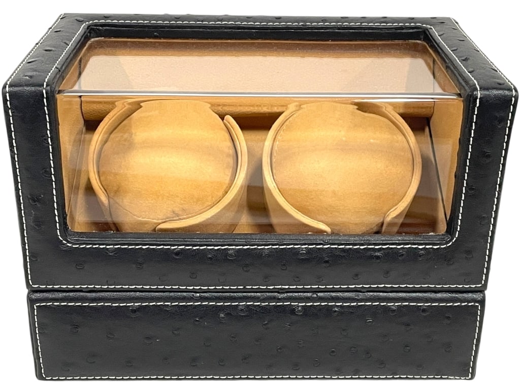 LUXURY DOUBLE WATCH WINDER OSTRICH LEATHER 9": *for alternative shipping options please go to www.dejavuauctionshipping.com -LUXURY DOUBLE WATCH POWER WINDER , OSTRICH EMBOSSED LEATHER CASE -Luxury double watch winder designed to keep automatic wa