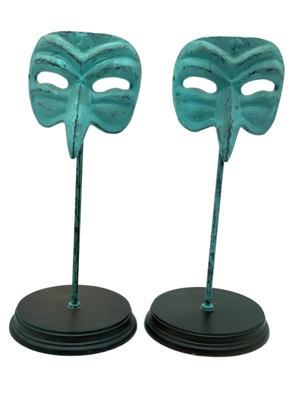VENETIAN STYLE BRASS THEATER MASK SCULPTURES 11": *for alternative shipping options please go to www.dejavuauctionshipping.com -VENETIAN STYLE BRASS THEATER MASK SCULPTURES ON STANDS, PAIR 11" (2 OF 2 SIMILAR) -Decorative pair of Venetian style theat