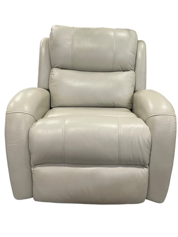POWER RECLINING LEATHER ARMCHAIR: -POWER RECLINING LEATHER ARMCHAIR 39" X 39" X 30" APPROX -Contemporary power reclining armchair upholstered in soft neutral leather with clean modern lines and generously padded back, seat, and armres