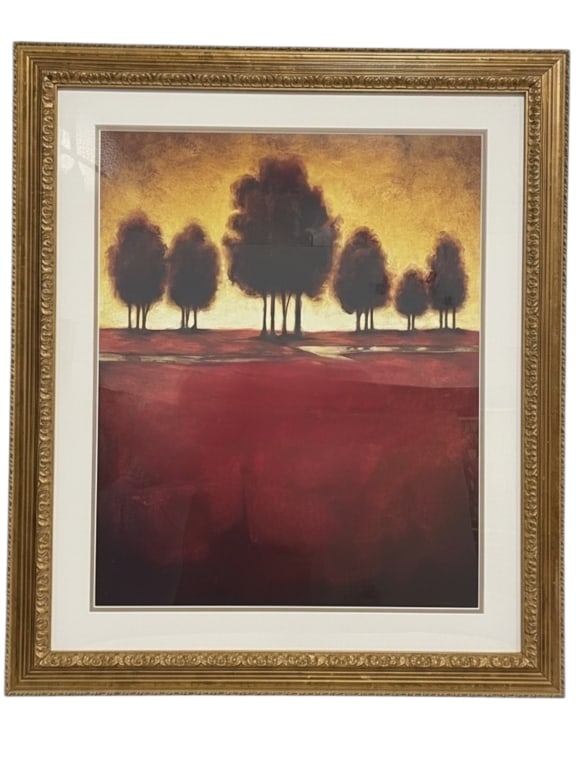 G. WILLIAMS RADIANCE MODERN LANDSCAPE PRINT 32": *for alternative shipping options please go to www.dejavuauctionshipping.com -GREGORY WILLIAMS "RADIANCE" MODERN LANDSCAPE TREE SILHOUETTE ART PRINT FRAMED WALL ART 32" X 28" -Framed decorative art pr