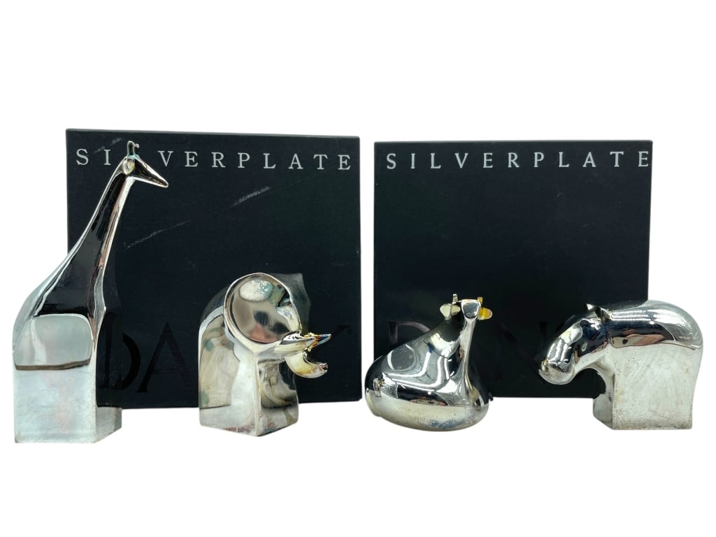 4 MID MOD DANSK SAFARI ANIMAL PAPERWEIGHTS W BOXES: *for alternative shipping options please go to www.dejavuauctionshipping.com -SET OF FOUR DANSK SAFARI ANIMAL SILVERPLATE PAPERWEIGHTS WITH BOXES -Vintage mid-century modern Dansk safari animal silver
