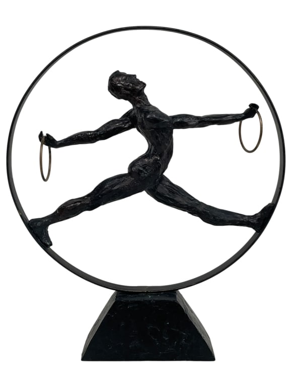 MODERN FIGURAL GYMNAST SCULPTURE WITH RINGS 16.5": *for alternative shipping options please go to www.dejavuauctionshipping.com-MODERN FIGURAL GYMNAST SCULPTURE WITH RINGS IN CIRCULAR FRAME-Dynamic modern figural sculpture depicting a gymnast in