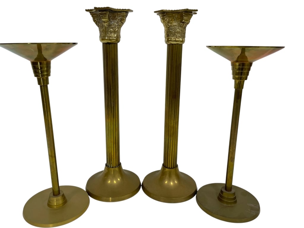 4 VINTAGE BRASS CANDLESTICKS 12": *for alternative shipping options please go to www.dejavuauctionshipping.com-GROUP OF FOUR BRASS CANDLESTICKS 12" TO TALLEST-Decorative group of four brass candlesticks and candle holders featuring