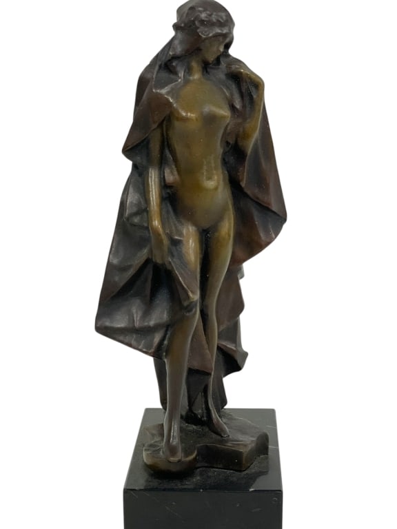 DECO STYLE BRONZE FEMALE FIGURAL SCULPTURE 8": *for alternative shipping options please go to www.dejavuauctionshipping.com-ART DECO STYLE BRONZE FEMALE FIGURAL SCULPTURE ON MARBLE BASE-Elegant Art Deco style bronze sculpture depicting a nude
