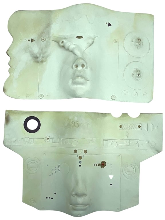 LITTLEFIELD CERAMIC FACE WALL SCULPTURES 9": *for alternative shipping options please go to www.dejavuauctionshipping.com-ALLEN K. LITTLEFIELD ABSTRACT MODERNIST CERAMIC RELIEF WALL SCULPTURES – FACE FORM 9" APPROX-Striking modernist ceramic