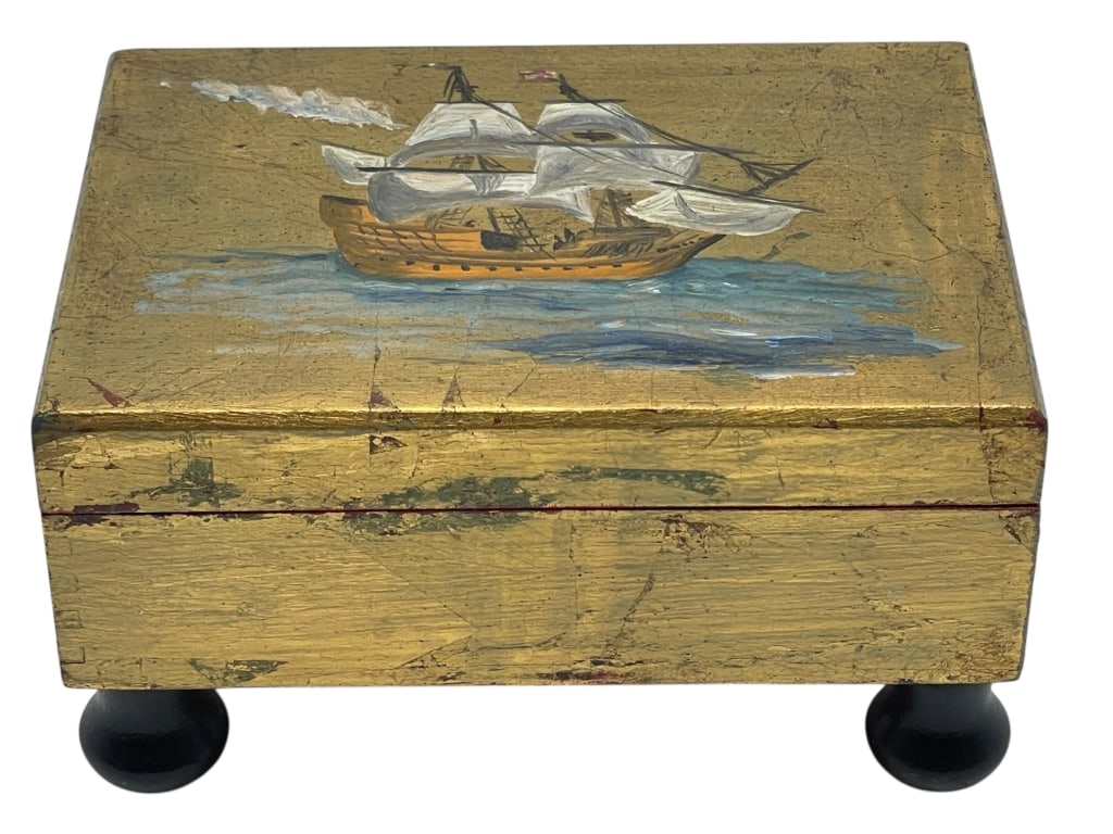 HAND-PAINTED SWISS MUSIC BOX WITH SAILING SHIP 5": HAND-PAINTED SWISS MUSIC BOX WITH SAILING SHIP MOTIF-Charming vintage Swiss music box housed in a hand-painted wooden case featuring a sailing ship scene on a gilt ground, raised on turned feet, with