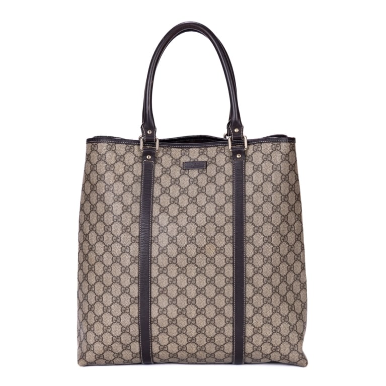 GUCCI GG IMPLEMENTATION TOTE BEIGE SUPREME BAG: Gucci GG Implementation Tall Tote Beige Supreme Coated Canvas Silver * COLOR: Beige * PRODUCTION CODE: 223668-214397 * INCLUDED: None A * CONDITION: 38*36*12cm * (3cm = 1inch approximately) * Luxury b