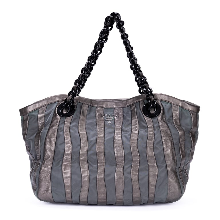 PRADA WAVES CHAIN TOTE GREY WAVES BAG: Prada Waves Chain Tote Grey Waves Calfskin Leather / Nylon Canvas Resin * COLOR: Grey * PRODUCTION CODE: 117 * INCLUDED: None A * CONDITION: 37*28*17cm * (3cm = 1inch approximately) * Luxury bags are