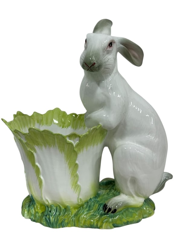 ITALIAN CERAMIC RABBIT PLANTER CACHEPOT 22" TALL: ITALIAN CERAMIC RABBIT PLANTER CACHEPOT 22" TALL Charming Italian ceramic figural planter featuring a lifelike white rabbit perched beside a scalloped tulip-form cachepot. Beautifully hand-painted wit